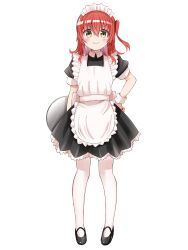 Rule 34 | &gt;:), 1girl, alternate costume, apron, black footwear, black shirt, black skirt, blush, bocchi the rock!, closed mouth, commentary, enmaided, eyes visible through hair, frilled apron, frilled skirt, frills, full body, hair between eyes, hand on own hip, hellfire00001, highres, holding, holding tray, kita ikuyo, long hair, looking at viewer, maid, maid apron, maid headdress, mary janes, one side up, pantyhose, puffy short sleeves, puffy sleeves, red hair, sailor collar, shirt, shoes, short sleeves, simple background, skirt, smile, smug, solo, standing, straight-on, tray, v-shaped eyebrows, white apron, white background, white pantyhose, white sailor collar, yellow eyes