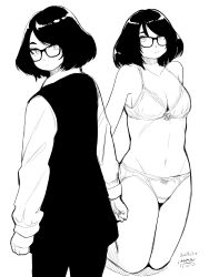 Rule 34 | 1girl, arms at sides, bob cut, bra, breasts, cleavage, clenched hands, dated, glasses, greyscale, hadashi no kenji, highres, kneeling, looking at viewer, medium breasts, monochrome, multiple views, original, panties, standing, underwear