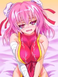 Rule 34 | 1girl, bandages, bandaged arm, breasts, bun cover, chinese clothes, double bun, hair bun, highres, ibaraki kasen, large breasts, naked tabard, pink eyes, pink hair, short hair, solo, tabard, tears, touhou, zephid