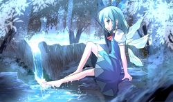 Rule 34 | 1girl, :d, arm support, bare legs, barefoot, blue eyes, blue hair, bow, cirno, hair bow, hair ribbon, highres, ice, ice wings, matching hair/eyes, open mouth, ribbon, risutaru, short hair, sitting, smile, soaking feet, solo, summer, touhou, water, waterfall, wings