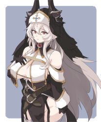 Rule 34 | 1girl, alternate costume, arknights, bare shoulders, belt, belt buckle, black gloves, black skirt, border, breasts, buckle, chain, cleavage, collar, garter straps, gloves, gold chain, grey background, grey hair, hand on own chest, high-waist skirt, horns, large breasts, long hair, long sleeves, mudrock (arknights), outside border, parted lips, pointy ears, red eyes, revealing clothes, simple background, skirt, solo, veil, very long hair, white border, yu-ves