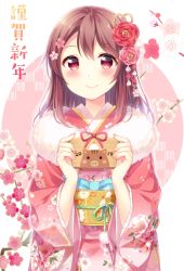 Rule 34 | 1girl, 2019, braid, brown eyes, brown hair, chinese zodiac, commentary request, ema, floral background, floral print, flower, fur-trimmed kimono, fur trim, hair flower, hair ornament, happy new year, hazuki (sutasuta), highres, holding, japanese clothes, kanzashi, kimono, long hair, long sleeves, looking at viewer, new year, obi, original, pink flower, pink kimono, red flower, sash, side braid, solo, translated, upper body, year of the pig