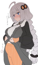 Rule 34 | 1girl, ahoge, blue eyes, blush, braid, breasts, cowboy shot, grey hair, hair ornament, highres, kizuna akari, large breasts, long hair, long sleeves, pregnant, simple background, solo, sumiyao (amam), translation request, twin braids, twintails, very long hair, voiceroid, white background