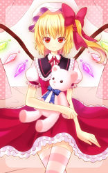 Rule 34 | 1girl, bad id, bad pixiv id, blonde hair, bow, dress, female focus, flandre scarlet, hair bow, hat, highres, long hair, looking at viewer, nanohana kohina, red dress, red eyes, side ponytail, smile, solo, striped clothes, striped thighhighs, stuffed animal, stuffed toy, teddy bear, thighhighs, touhou, wings