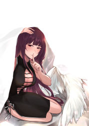 Rule 34 | 1girl, absurdres, angel wings, bed, black dress, blush, breasts, cleavage, closed mouth, dress, finger to mouth, girls&#039; frontline, hand on own head, highres, long hair, looking at viewer, lying, medium breasts, on side, purple hair, red eyes, solo, stigmamyu, wa2000 (girls&#039; frontline), white background, wings