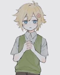 Rule 34 | 1boy, basil (faraway) (omori), basil (omori), blonde hair, blue eyes, brown shorts, collared shirt, flower, green sweater vest, hair flower, hair ornament, highres, hnnoo, male focus, omori, parted lips, shirt, short hair, short sleeves, shorts, simple background, solo, sweat, sweater vest, upper body, white background, white shirt