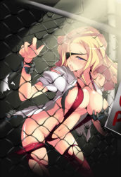 Rule 34 | 10s, 1girl, against wall, blonde hair, blush, breasts squeezed together, breasts, chain-link fence, dean (momodean), extra, eyepatch, fence, highres, large breasts, long hair, panty &amp; stocking with garterbelt, pliss-chan, purple eyes, shirt, slingshot swimsuit, solo, swimsuit, tears, thighhighs, torn clothes, torn shirt, torn thighhighs, zombie