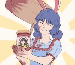 Rule 34 | 1girl, ^ ^, animal ears, bad end, bad food, blood, blood on face, blood stain, blue hair, closed eyes, closed eyes, giving, hammer, inaba tewi, jar, kine, mallet, mefomefo, rabbit ears, religious offering, seiran (touhou), smile, touhou, twintails