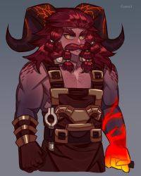 Rule 34 | 1boy, absurdres, apron, belt, brown apron, brown gloves, chest hair, clenched hands, collarbone, colored skin, cookie3w3, facial hair, gloves, gradient background, grey background, highres, holding, horns, humanization, league of legends, long hair, muscular, muscular male, mustache, ornn, red hair, red skin, solo, yellow eyes