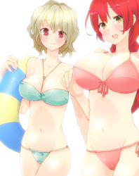 Rule 34 | 2girls, bad id, bad pixiv id, bikini, blush, breasts, cleavage, groin, highres, huge breasts, innertube, large breasts, looking at viewer, multiple girls, navel, open mouth, ponytail, red eyes, red hair, side-tie bikini bottom, simple background, swim ring, swimsuit, tsumura chita, white background, yellow eyes