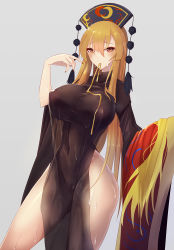 Rule 34 | 1girl, black dress, blonde hair, blush, breasts, collarbone, commentary request, covered erect nipples, cowboy shot, dress, fingernails, grey background, groin, hair between eyes, hand up, headdress, highres, holding, holding clothes, huge breasts, junko (touhou), long hair, long sleeves, looking at viewer, mature female, mouth hold, nail polish, navel, pelvic curtain, pom pom (clothes), red nails, ribbon, see-through, sharp fingernails, shiny skin, simple background, solo, standing, tabard, tabard removed, tassel, thighs, touhou, turtleneck, turtleneck dress, very long hair, wet, wet clothes, wet dress, wide sleeves, yellow eyes, yellow ribbon, z.o.b
