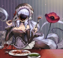Rule 34 | 10s, 1girl, alcohol, breasts, cleavage, cup, dress, drill hair, drinking glass, dual persona, eating, faceless, faceless female, granblue fantasy, hat, hole in face, horror (theme), knife, long hair, oneiros (granblue fantasy), phoebe (granblue fantasy), plate, purple hair, sakutake (ue3sayu), solo, spoilers, very long hair, wine, wine glass