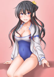 Rule 34 | 1girl, alternate costume, anti (untea9), black hair, blush, bow, breasts, cleavage, collarbone, covered navel, fang, gradient background, hair down, hair ribbon, high school fleet, highres, jacket, kantai collection, large breasts, long hair, long sleeves, multicolored hair, naganami (kancolle), new school swimsuit, one-piece swimsuit, open clothes, open jacket, open mouth, pink eyes, pink hair, ribbon, school swimsuit, sitting, solo, swimsuit, swimsuit under clothes, two-tone hair, two-tone swimsuit, wavy hair, white jacket, yellow bow