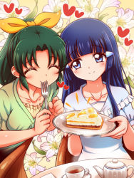 Rule 34 | 10s, 2girls, ^ ^, aoki reika, blue eyes, blue hair, blunt bangs, blush, bow, cake, chair, closed eyes, collarbone, cup, eating, floral background, flower, food, fork, green hair, green shirt, hair bow, hair ornament, hairclip, heart, hime cut, holding, holding fork, holding plate, kuga yoshito, lily (flower), long hair, looking at another, midorikawa nao, multiple girls, pie, plate, ponytail, precure, saucer, shirt, short hair, short sleeves, sitting, smile, smile precure!, table, tareme, teacup, teapot