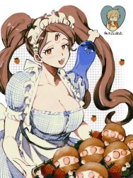 Rule 34 | 1boy, 1girl, :d, blush, breasts, brown hair, charlotte pudding, cleavage, dress, drill hair, fang, floating hair, food, fruit, heart, hetero, highres, holding, holding food, homie (one piece), large breasts, long hair, long twintails, looking at viewer, maid headdress, makenevemoiine, naughty face, one piece, open mouth, sanji (one piece), simple background, skin fang, smile, third eye, translation request, twintails, upper body, very long hair
