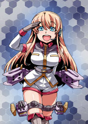 Rule 34 | 10s, 1girl, argama, belt, black thighhighs, blonde hair, blue eyes, breasts, brown gloves, cannon, commentary request, curvy, detached sleeves, gloves, gundam, headset, highres, kantai collection, long hair, long sleeves, looking at viewer, military, military uniform, open mouth, salute, shirt, shorts, smile, solo, thigh strap, thighhighs, tukiwani, uniform, very long hair, wide hips, zettai ryouiki