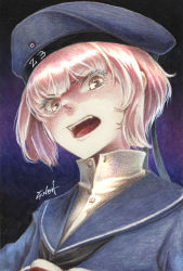 Rule 34 | 10s, 1girl, angry, brown eyes, commentary, eyelashes, gradient background, hat, head tilt, highres, kantai collection, millipen (medium), neckerchief, open mouth, portrait, sailor hat, short hair, shouting, signature, solo, teeth, tesun (g noh), traditional media, uniform, watercolor pencil (medium), z3 max schultz (kancolle)