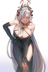 Rule 34 | 1girl, bare shoulders, black dress, black gloves, black horns, blue archive, bow (bhp), breasts, cleavage, collarbone, dress, earrings, elbow gloves, gloves, gradient background, grey hair, halo, hand on own knee, highres, horns, jewelry, large breasts, long hair, looking at viewer, makoto (blue archive), makoto (dress) (blue archive), official alternate costume, pointy ears, ponytail, red halo, smile, solo, standing, thighs, very long hair