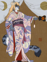 Rule 34 | 1girl, animal ear fluff, animal ears, animal hands, animal nose, arm up, artist name, black socks, blonde hair, body fur, brown background, claws, closed mouth, commission, crescent, curtains, female focus, flat chest, flat color, floral print, flower, frilled kimono, frilled sleeves, frills, full body, furry, furry female, grey fur, gunbai, hair flower, hair ornament, highres, holding, japanese clothes, kimono, leopard ears, leopard girl, leopard tail, long hair, long sleeves, multicolored clothes, multicolored fur, multicolored kimono, obi, original, outstretched arm, pawpads, sash, sidelocks, signature, skeb commission, snout, socks, solo, spotted fur, standing, tail, war fan, whiskers, white fur, wide sleeves, yellow eyes, yellow flower, yen rin