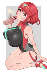 Rule 34 | 1girl, bare shoulders, bob cut, breasts, censored, competition swimsuit, earrings, handjob, high heels, highres, jewelry, large breasts, looking up, one-piece swimsuit, penis, pyra (pro swimmer) (xenoblade), pyra (xenoblade), red eyes, red hair, seiza, sitting, smile, swimsuit, torathi, xenoblade chronicles (series), xenoblade chronicles 2