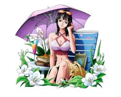 Rule 34 | 1girl, black hair, blue eyes, bodskih, book, breasts, cleavage, collarbone, crop top, eyewear on head, flower, hand in own hair, head tilt, large breasts, long hair, looking at viewer, midriff, navel, nico robin, one piece, one piece treasure cruise, sitting, smile, solo, stomach, sunglasses, transparent background, white flower