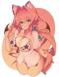 Rule 34 | 1girl, animal ear fluff, animal ears, bikini, bow, breasts, breasts out, collarbone, cowboy shot, cropped legs, fox ears, fox tail, front-tie bikini top, front-tie top, green bow, green eyes, hair between eyes, hair bow, hair intakes, highres, large breasts, long hair, low ponytail, open clothes, open shirt, original, pink background, pink hair, rikumaru, shiny skin, shirt, side-tie bikini bottom, sidelocks, smile, solo, souffle gamberetto, standing, star (symbol), star print, swimsuit, tail, thigh gap, white shirt, wide hips