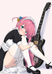 Rule 34 | 1girl, absurdres, apron, black dress, black footwear, blue eyes, blush, bocchi the rock!, breasts, cube hair ornament, dress, feint721, frills, garter straps, gotoh hitori, guitar, hair between eyes, hair ornament, highres, instrument, long hair, looking at viewer, maid, maid apron, maid headdress, medium breasts, one side up, pink hair, puffy sleeves, simple background, sitting, solo, thighhighs, white apron, white garter straps, white thighhighs
