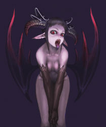 Rule 34 | + +, 1girl, bat wings, black hair, breasts, cleavage, demon, demon girl, elbow gloves, elf, fangs, gloves, hair ornament, hairclip, horns, leaning forward, long tongue, looking at viewer, loped, low wings, nipples, open mouth, original, pointy ears, red eyes, sidelocks, solo, demon girl, tongue, tongue out, topless, wings