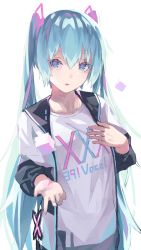 Rule 34 | 1girl, 39, azarasi haru, bad id, bad pixiv id, blue eyes, blue hair, copyright name, hair between eyes, hair ornament, hatsune miku, highres, jacket, long hair, long sleeves, looking at viewer, open clothes, open jacket, open mouth, print shirt, shirt, simple background, solo, standing, twintails, upper body, very long hair, vocaloid, white background, white jacket, white shirt