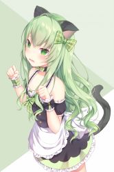 Rule 34 | 1girl, ahoge, amashiro natsuki, animal ears, apron, bad id, bad pixiv id, bare shoulders, blush, bow, cuffs, detached sleeves, flat chest, green eyes, green hair, hair between eyes, hair bow, hair ribbon, highres, long hair, looking at viewer, maid, open mouth, original, ribbon, solo, tail, wavy hair