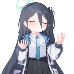 Rule 34 | 1girl, absurdly long hair, absurdres, aris (blue archive), black hair, black skirt, blue archive, blue necktie, blush, chinese commentary, closed eyes, closed mouth, collared shirt, commentary request, crying, earphones, go-sai tamanegi, green halo, halo, highres, jacket, long hair, long sleeves, necktie, one side up, open clothes, open jacket, pleated skirt, shirt, simple background, skirt, solo, two-sided fabric, two-sided jacket, very long hair, white background, white jacket, white shirt