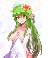 Rule 34 | 1girl, blush, breasts, cleavage, convenient censoring, feathered wings, flower, green eyes, hair censor, hair flower, hair ornament, hair over breasts, harpy, highres, kawasumi (tk2k jade), large breasts, long hair, looking at viewer, monster girl, open mouth, original, pointy ears, red eyes, sidelocks, smile, solo, topless, very long hair, winged arms, wings