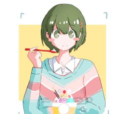 Rule 34 | 1girl, blush stickers, expressionless, green eyes, green hair, highres, holding, holding spoon, idolmaster, idolmaster shiny colors, nanakusa nichika, parfait, short hair, simple background, solo, spoon, upper body, viewfinder, zaruno