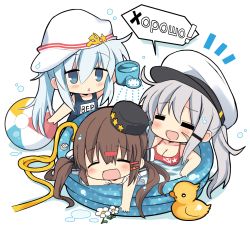 Rule 34 | 3girls, bad id, bad pixiv id, ball, beachball, bikini, blush, breasts, brown hair, chibi, cleavage, facial scar, flat cap, flower, fur hat, gangut (kancolle), hair ornament, hair ribbon, hairclip, hammer and sickle, hat, hibiki (kancolle), highres, hizuki yayoi, kantai collection, long hair, low twintails, multiple girls, name tag, one-piece swimsuit, open mouth, papakha, partially submerged, peaked cap, ponytail, pool, ribbon, rubber duck, russian text, scar, scar on cheek, scar on face, school swimsuit, silver hair, simple background, star (symbol), swimsuit, tashkent (kancolle), triangle mouth, twintails, verniy (kancolle), wading pool, water, watering can, white background