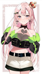 Rule 34 | 1girl, bare shoulders, belt, black belt, black jacket, blush, breasts, cleavage, closed mouth, commentary request, cowboy shot, cropped jacket, cross, cross earrings, crown, earrings, grey eyes, hair ornament, hairclip, heart, heart hands, highres, indie virtual youtuber, jacket, jewelry, long hair, long sleeves, looking at viewer, midriff, mini crown, mochizuki mona, navel, off shoulder, pink hair, rei (rei 9146), see-through, shorts, smile, solo, standing, tilted headwear, very long hair, virtual youtuber, white shorts