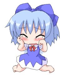 Rule 34 | 1girl, blue bow, blush, bow, chibi, cirno, crying, dress, closed eyes, female focus, full body, geetsu, hair bow, lowres, no nose, solo, tears, embodiment of scarlet devil, touhou