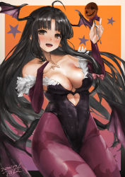 Rule 34 | 1girl, animal print, artist name, bat print, black hair, black leotard, blush, breasts, brown eyes, cleavage, clothing cutout, collarbone, cosplay, dated, halloween, head wings, heart cutout, holding, kantai collection, large breasts, leotard, long hair, morrigan aensland, morrigan aensland (cosplay), open mouth, pantyhose, print pantyhose, purple pantyhose, purple wings, shouhou (kancolle), signature, smile, solo, toka (marchlizard), vampire (game), very long hair, wings