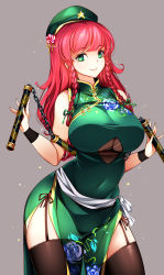 Rule 34 | 1girl, absurdres, beret, black thighhighs, braid, breasts, china dress, chinese clothes, closed mouth, clothing cutout, cowboy shot, dress, flower, garter straps, green dress, green eyes, green hat, grey background, hat, hat flower, highres, holding, holding nunchaku, holding weapon, hong meiling, large breasts, long hair, looking at viewer, nunchaku, raptor7, red hair, side braid, side slit, simple background, sleeveless, smile, solo, standing, thighhighs, thighs, touhou, underboob, underboob cutout, weapon, wristband