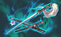 Rule 34 | cherry blossoms, fire, floral print, flower, glowing, green background, katana, no humans, object focus, official art, petal print, pink flower, scabbard, sheath, sword, third-party source, touhou, touhou cannonball, wakizashi, weapon, yuccoshi