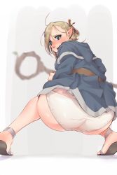 Rule 34 | 1girl, ass, back, blonde hair, blurry, blush, border, braid, breasts, cameltoe, capelet, clothes lift, depth of field, dungeon meshi, ear blush, elf, embarrassed, eyelashes, folded ponytail, from behind, green eyes, grey background, hair between eyes, hair ribbon, highres, hood, hood down, knees together feet apart, long hair, long sleeves, looking at viewer, looking back, marcille donato, marushiru, messy hair, onsen mikan, open mouth, outside border, panties, pointy ears, red ribbon, ribbon, robe, sandals, shiny skin, shoe soles, side braid, sideways glance, solo, squatting, staff, twin braids, underwear, white border, white panties