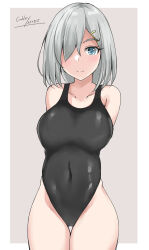 Rule 34 | 1girl, arms behind back, black one-piece swimsuit, blue eyes, blush, breasts, collarbone, competition swimsuit, covered navel, cowboy shot, gakky, grey hair, hair ornament, hair over one eye, hairclip, hamakaze (kancolle), highleg, highleg swimsuit, highres, kantai collection, large breasts, looking at viewer, neckerchief, one-piece swimsuit, short hair, smile, solo, swimsuit, yellow neckerchief