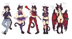 Rule 34 | animal ears, belt, bow, bowtie, cat boy, cat ears, cat tail, choker, claws, collared shirt, denim, earrings, fingerless gloves, gloves, hair ornament, hair over one eye, highres, jacket, jeans, jewelry, kuro (senatorwong), navel, necktie, open mouth, original, pants, pointy ears, purple legwear, red eyes, senatorwong, shirt, shoes, simple background, skirt, standing, tail, thighhighs, trap, watch, white background, wings