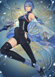 Rule 34 | 1girl, absurdres, aqua (kingdom hearts), bike shorts, blue eyes, blue hair, detached sleeves, fingerless gloves, gloves, highres, holding, holding weapon, keyblade, kingdom hearts, looking at viewer, parted lips, short hair, showgirl skirt, solo, strap, thighhighs, water, weapon, yayokichi3