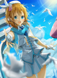 Rule 34 | 10s, 1girl, aqua scarf, bad id, bad pixiv id, beret, bird, blonde hair, blue eyes, blue sky, blurry, blush, cloud, cloudy sky, cowboy shot, cropped jacket, day, depth of field, dove, dress, dutch angle, feathers, fingerless gloves, gloves, happy, hat, idol, kosaka honoka, light rays, looking at viewer, love live!, love live! school idol project, necktie, one side up, open mouth, orange hair, outdoors, outstretched arm, pleated skirt, scarf, shiina kuro, short hair, side ponytail, skirt, sky, smile, solo, standing, sunbeam, sunlight, teeth, vest, white gloves, white skirt, wonderful rush
