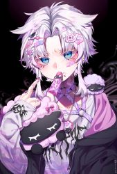 Rule 34 | 1boy, animal ears, blue eyes, candy, candy wrapper, colored eyelashes, eita 789, food, food in mouth, hair ornament, hairclip, highres, long sleeves, looking at viewer, male focus, nail polish, original, pale skin, sheep, solo, stuffed toy, white hair