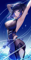 Rule 34 | 1girl, absurdres, arm behind head, armpits, arms up, black bodysuit, black gloves, black hair, blue background, blue hair, bodysuit, braid, breasts, cleavage, closed mouth, clothing cutout, dark blue hair, diagonal bangs, earrings, elbow gloves, fishnets, genshin impact, gloves, gradient hair, green eyes, highres, hip vent, jewelry, large breasts, lightria, mole, mole on breast, multicolored hair, pelvic curtain, see-through, sidelocks, single bare arm, single elbow glove, smile, solo, tassel, thigh cutout, thighs, twitter username, vision (genshin impact), wading, water, water drop, yelan (genshin impact)
