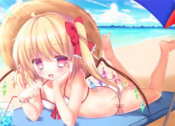 Rule 34 | 1girl, ass, barefoot, beach, bikini, blonde hair, blue sky, bow, butt crack, cloud, day, drink, drinking straw, flandre scarlet, gradient background, hair bow, halterneck, hat, lake, legs up, lying, nipple slip, nipples, on stomach, open mouth, outdoors, parasol, pink eyes, revision, rika-tan (rikatantan), side ponytail, sky, smile, solo, straw hat, string bikini, swimsuit, the pose, touhou, umbrella, white bikini, wings
