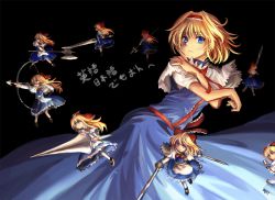 Rule 34 | 1girl, alice margatroid, alternate weapon, apron, archery, arrow (projectile), axe, bad id, bad pixiv id, blonde hair, blue eyes, blush, bow (weapon), broadsword, capelet, claymore (sword), doll, dress, dual wielding, freeze-ex, greatsword, hairband, holding, lance, long hair, pantyhose, polearm, rapier, ribbon, sash, shanghai doll, short hair, skirt, spear, sword, touhou, weapon, white pantyhose