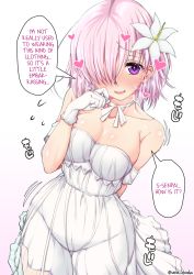 Rule 34 | 1girl, bare shoulders, blush, breasts, breath, cleavage, collarbone, cowboy shot, dress, fate/grand order, fate (series), flower, flying sweatdrops, frills, gradient background, groin, hair flower, hair ornament, hair over one eye, hand up, hard-translated, heart, hip focus, large breasts, looking at viewer, mash kyrielight, medium breasts, parted lips, pink hair, purple background, purple eyes, see-through, short hair, smile, solo, speech bubble, third-party edit, translated, twitter username, unadon, white dress, white flower