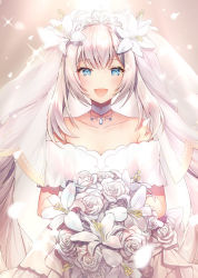 Rule 34 | 1girl, :d, bare shoulders, blue eyes, blush, bouquet, bridal veil, collarbone, commentary request, dress, fate/grand order, fate (series), flower, hair flower, hair ornament, holding, holding bouquet, kagachi saku, lily (flower), long hair, looking at viewer, marie antoinette (fate), off-shoulder dress, off shoulder, open mouth, petals, rose, see-through, sidelocks, silver hair, smile, solo, sparkle, tiara, twintails, veil, very long hair, wedding dress, white dress, white flower, white rose, white theme